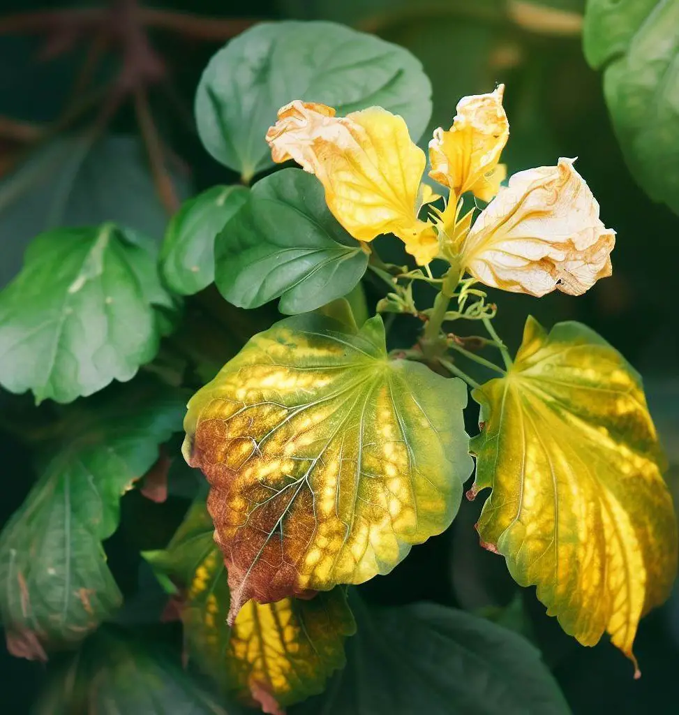 an infected hibiscus plant with a fungal disease that caused yellow leaves