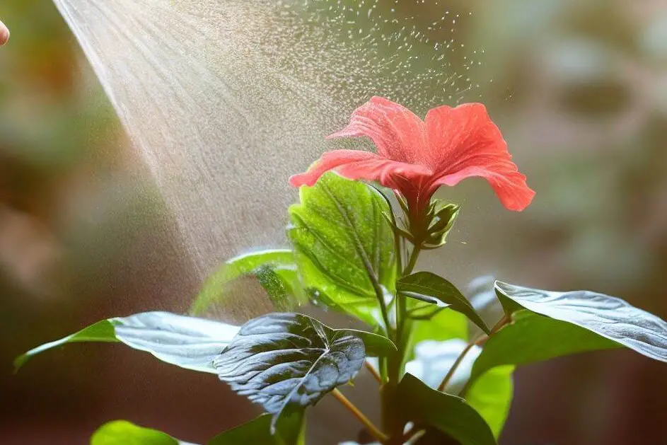 a hibiscus plant being sprayed with water